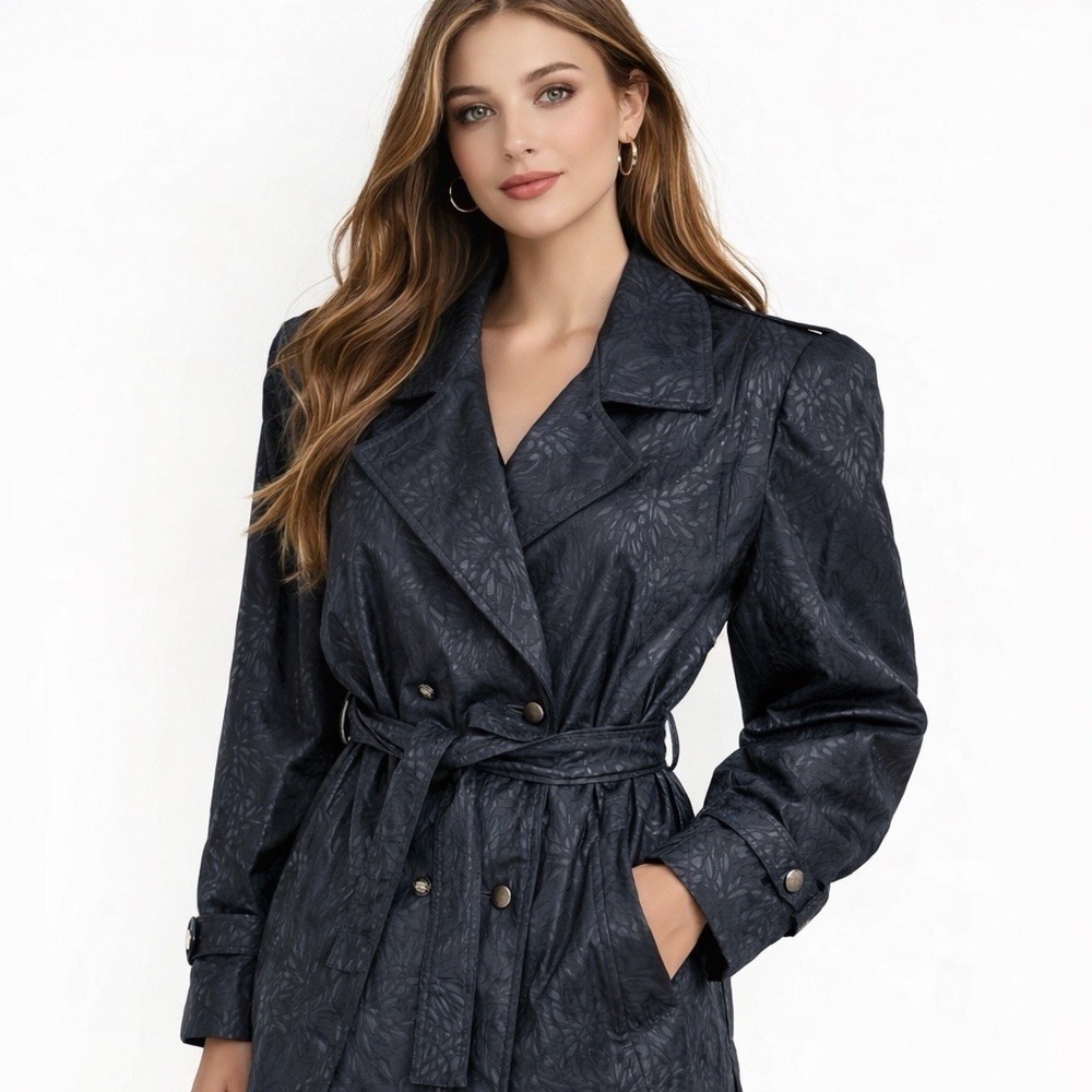 Portrait Long Black Nylon Trench Coat Womens 8 L Belted Waterproof Shoulder Pad - Picture 2 of 14